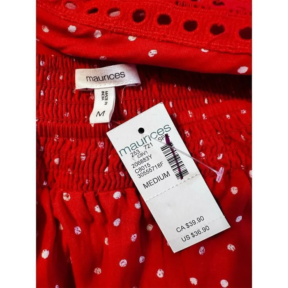 Maurices Red White Polka Dot Smocked Off The Shoulder Flowy Long Sleeve Blouse